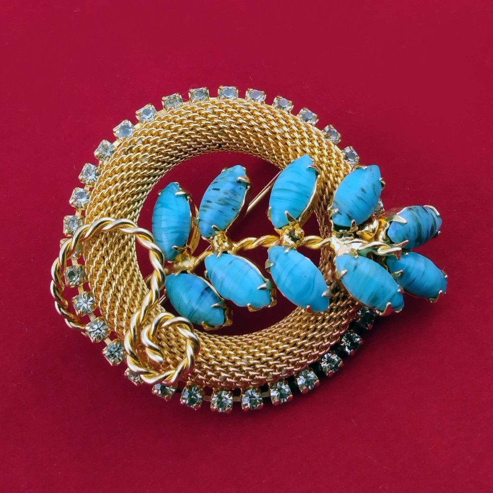 Hobe Rhinestone and Blue Art Glass Cabochon Gold Mesh Brooch Vintage