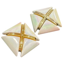 Vtg 1980s 1990s Chunky X Design White Gold Iridescent Statement Clip On Earrings