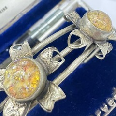 1940s vintage silver alloy floral art glass cabochons adjustable cuff bracelet