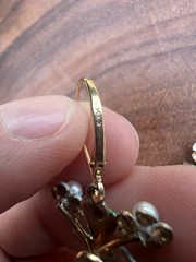 Vintage 14K Gold Overlay Enamel Pearl Blue Floral Leverback Dangle Earrings 1.5”