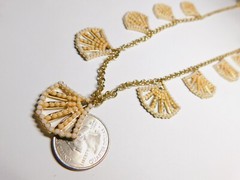 White Peach Acrylic Rhinestone Gold Tone Metal Fan Dangle Chain Necklace Vintage