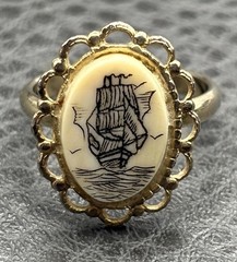 Vintage Ship Gold Tone Filigree Sea Nautical Painted Resin Oval Statement Size 6
