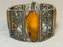 Vintage Soviet USSR Filigree Melchior Panel Bracelet Baltic Amber Honey Cognac