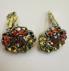 Vintage Rhinestone Clip-on Earrings Orange Green Yellow Flower Shape Judy Lee