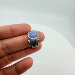 Vintage Brutalist Men’s Signet Ring Silver Tone Blue Cabochon Textured Band