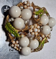 VTG Signed Selro Selini ? Brooch white no hole beads Green Enamel Some age #186