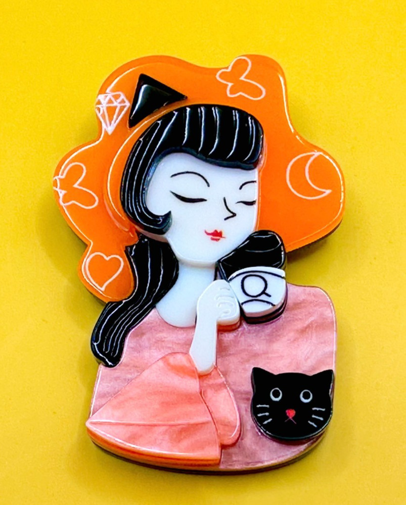 Dreaming Girl & Black Cat Acrylic Brooch Contemporary