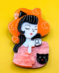 Dreaming Girl & Black Cat Acrylic Brooch Contemporary