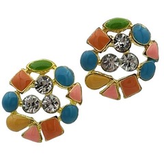 Y2K Multicolor Enamel Rhinestone Statement Earrings Gold Tone 1″