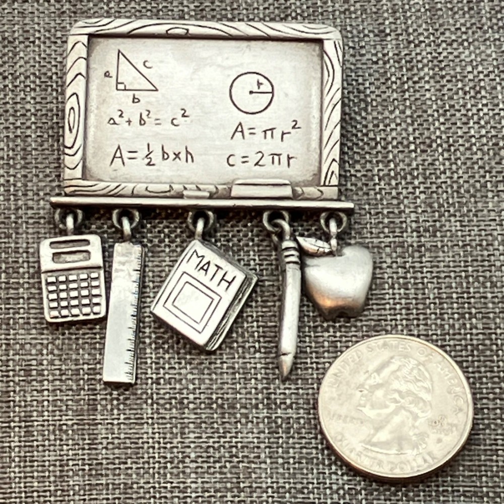 JJ Teachers Pin Brooch 2 In Silver Pewter Math Geometry School Charm Chalk Board