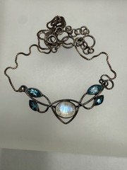 VINTAGE ESTATE STERLING SILVER MOONSTONE CABOCHON BLUE TOPAZ CHAIN NECKLACE 18″