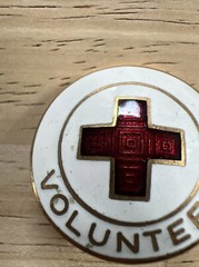 Vintage Enameled Gold Tone Metal Red Cross Volunteer Pin or Brooch