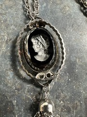 Vintage 30″ Silver Tone Double Strand Glass Cameo & Tassel Pendant Necklace