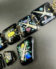 1950s/60s Enamel on Copper 3 Piece Studio Jewelry Set MCM Birds Trees Sunburst