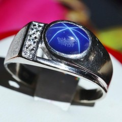 10k w/gold sz 10 ring 2.19c blue star lab created sapphire natural diamond 5.85g