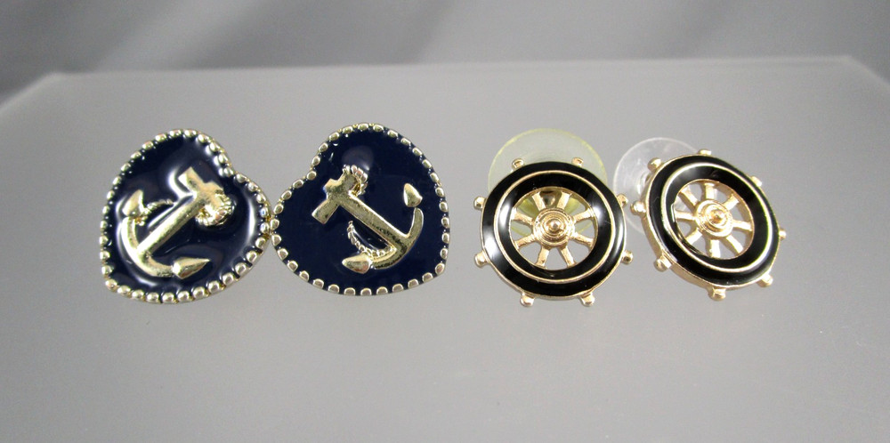 Vintage Nautical Wheel Anchor Navy Blue Black Enamel LOT of 2 Post Earrings 195M