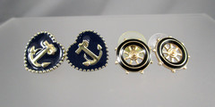 Vintage Nautical Wheel Anchor Navy Blue Black Enamel LOT of 2 Post Earrings 195M