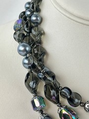 Vintage Crown Trifari 3 Strand Gray Black Iridescent Irregular Beaded Necklace