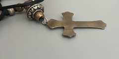 VTG Brass Cross-Religious-Black Cord- Plastic Beads-Necklace-Faux Shell Stone