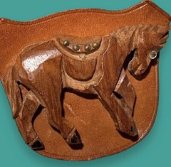Leather & Carved Wood, Wooden Horse Brooch, Bakelite Era Equestrian Figural Pin
