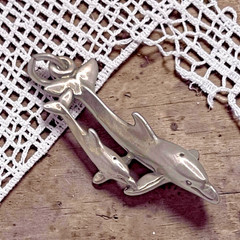 Vintage 925 Sterling Silver 3D Momma Baby Dolphin Pendant, 1.5″
