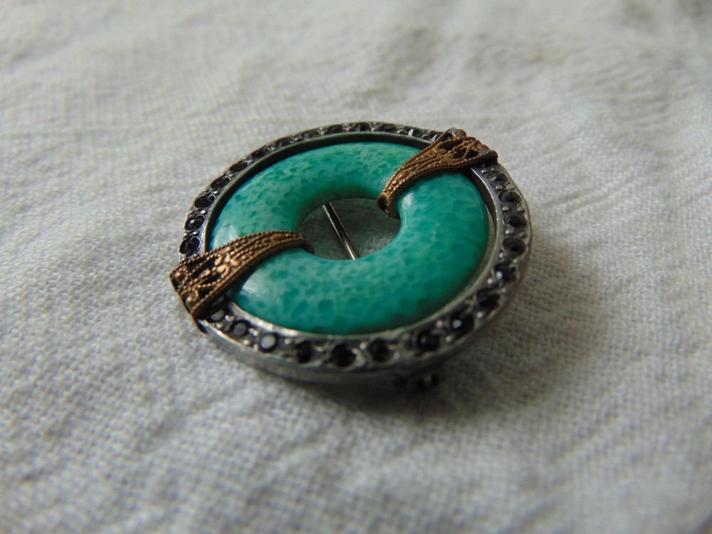 vintage antique faux Jade glass ring gray crystals silver gold setting brooch