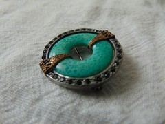 vintage antique faux Jade glass ring gray crystals silver gold setting brooch