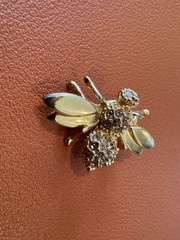 Vintage St. John Gold Tone Metal Bee Pin / Brooch w/ Inset Pave Crystals