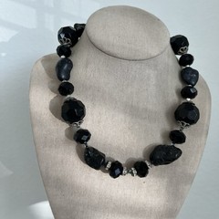 Vintage Chunky Black Faceted Lucite Bead Necklace Raw Nugget Rhinestone Choker