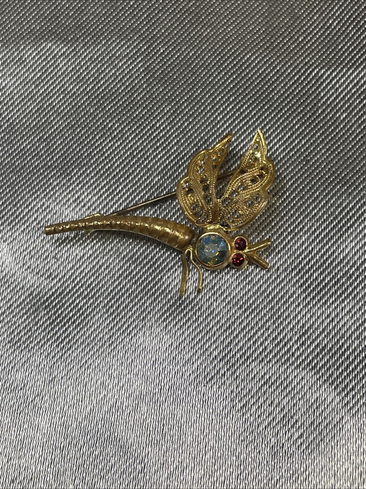 Western Germany Dragonfly Brooch Pin-Gold-tone Filigree Aurora Borealis/Crystals