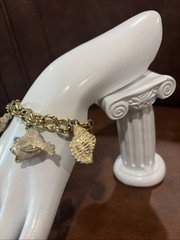 Vintage Charm Bracelet Shells fish Faux Pearl Coral Turquoise Gold Tone Sea