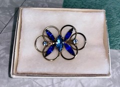 Vintage Sapphire Blue Rhinestone Wire Goldtone Butterfly Brooch Pin 1940s -1950s