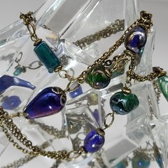 Vintage Art Glass Peacock Iridescent Venetian? Necklace 28″ Long Flapper Length