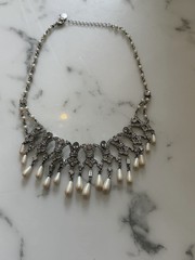 Vintage Ornate Carol Lee Rhinestone Faux Pearl Drop Choker Necklace Deco Gala