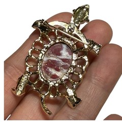 Gerry’s Turtle Brooch Gold Tone Red Lucite Cabochon Tortoise Vintage Pin