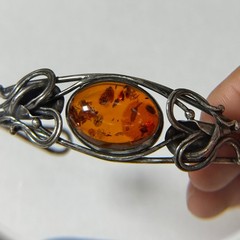 Vintage Sterling Silver Honey Amber Cuff Bracelet Art Nouveau Filigree Cognac