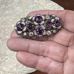 vintage purple rhinestone enamel bar brooch silver tone AB 2″
