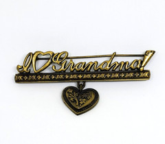 Jonette J.J. “I Love Grandma!” Antiqued Brass Bar Heart Charm Dangle Pin Brooch