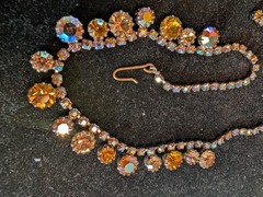 Vintage 1950’s Goldtone Aurora Borealis Amber Color Rhinestone Choker Necklace