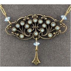 Vintage Edwardian Lavalier Necklace Open Framework Blue Glass Brass Barrel Clasp