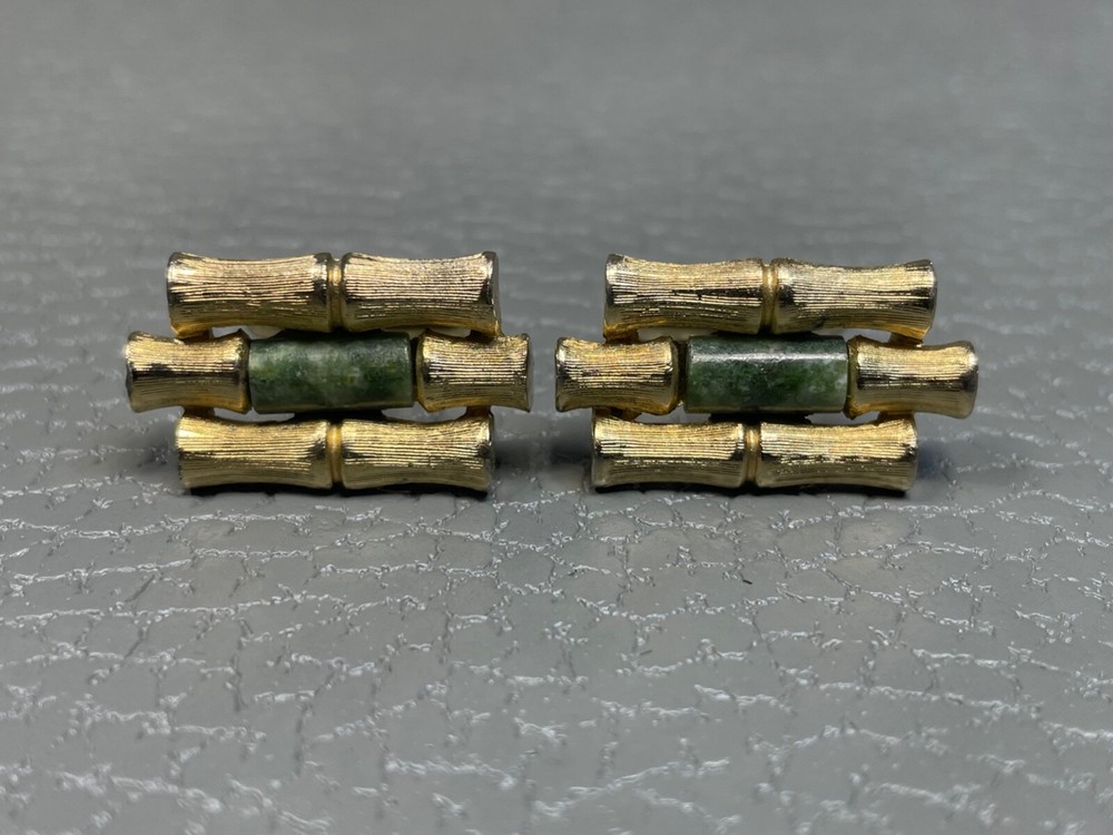 Vintage Jade Bamboo Yellow Gold Plated Cuff Links