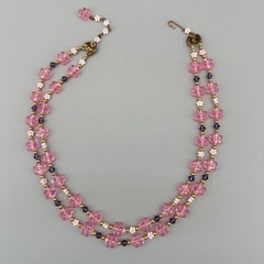Vintage Flower Bead Necklace Pink Lucite Double Strand Gold Tone Findings Hippy