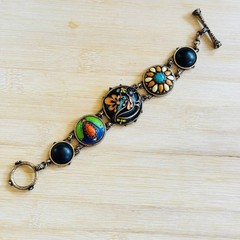 Lucky Brand Y2K Groovy Floral Bracelet Brass Statement Chunky Boho Toggle BOHO