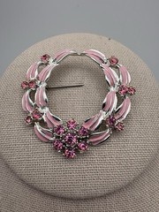 Vintage Pink Enamel Rhinestone Necklace And Pin Set- See Description
