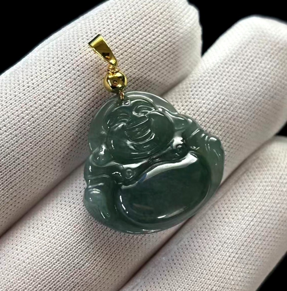 Hi-grade Natural Green Jade Jadeite Pendant ‘Buddha Happy’, 25x24mm, w/Necklace