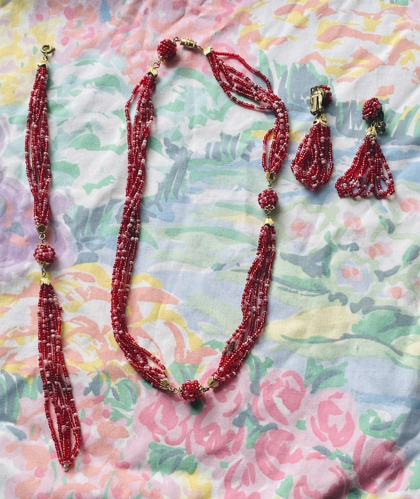 Vintage Red Glass Necklace And Earring Set Seed Bead Japan 1940s/1950s Read