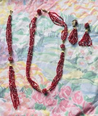 Vintage Red Glass Necklace And Earring Set Seed Bead Japan 1940s/1950s Read