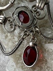 German Jugendstil Albertina Watch Chain Red Glass Drop Clover Mark c.1910-1925