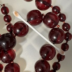 CHERRY amber bakelite necklace – 29″ & 116 grams of 19mm 10mm clear red beads