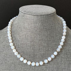 Vintage Opaline Opalite Beaded Necklace Faceted Art Glass Hand Knotted 18″